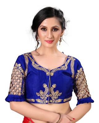 Blue Women'S Embroidered Santoon Silk Blouse 1