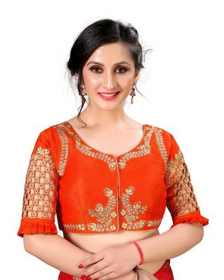 Orange Women'S Embroidered Santoon Silk Blouse 1