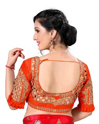 Orange Women'S Embroidered Santoon Silk Blouse 2