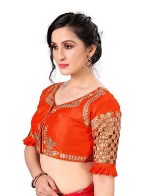 Orange Women'S Embroidered Santoon Silk Blouse 4