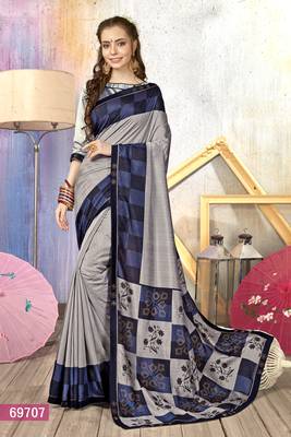 Silver Printed Cotton Silk Saree With Blouse 1