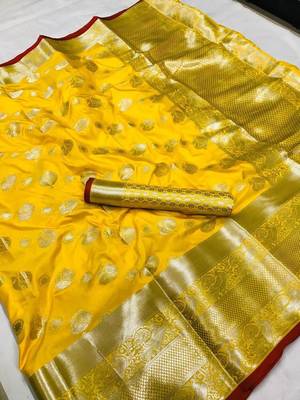 Women'S Designer Yellow Banarasi Kanjivaram Saree With Designer Blouse 1