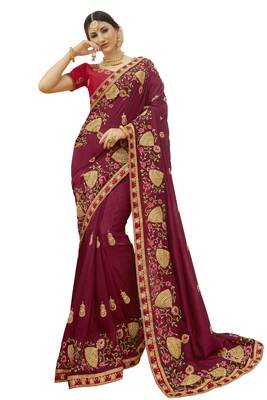 Maroon Embroidered Cotton Silk Saree With Blouse 1