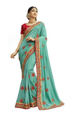 Turquoise Embroidered Cotton Silk Saree With Blouse 1