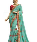 Turquoise Embroidered Cotton Silk Saree With Blouse