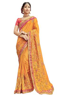 Yellow Embroidered Cotton Silk Saree With Blouse 1