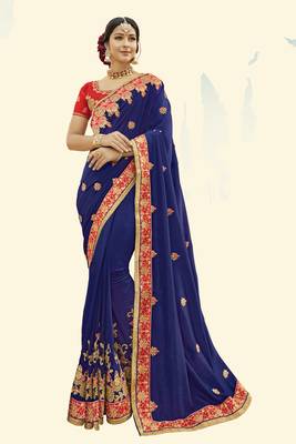 Blue Embroidered Cotton Silk Saree With Blouse 1