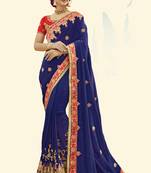 Blue Embroidered Cotton Silk Saree With Blouse