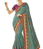 Green Embroidered Cotton Silk Saree With Blouse
