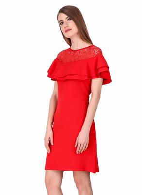 Red solid cotton short-dresses 4