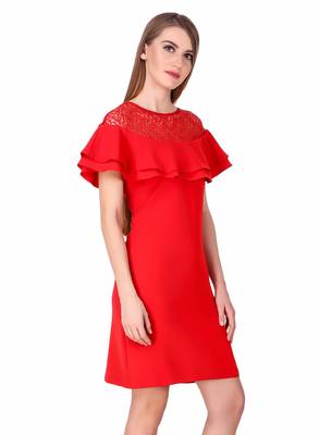 Red solid cotton short-dresses 5