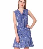 Blue floral print cotton short-dresses