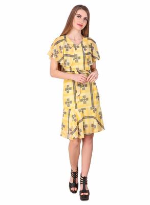 Yellow printed georgette short-dresses 3