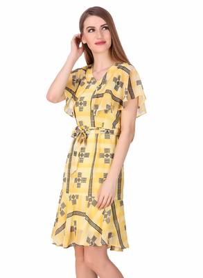 Yellow printed georgette short-dresses 4