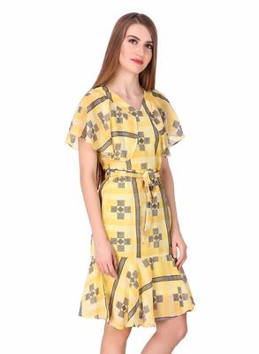 Yellow printed georgette short-dresses 5