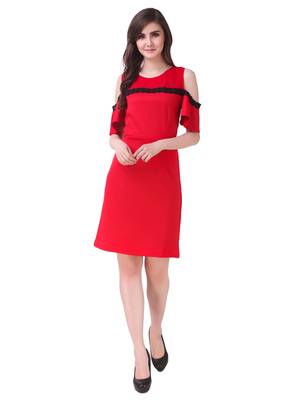 Red solid cotton short-dresses 3