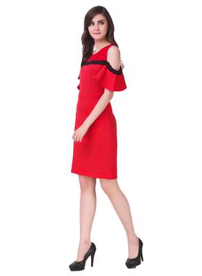 Red solid cotton short-dresses 4