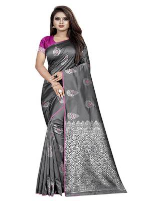 Grey woven kanchipuram silk saree with blouse 1