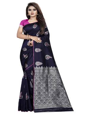 Navy blue woven kanchipuram silk saree with blouse 1