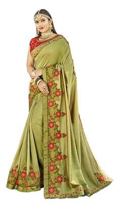 Green Embroidered Silk Blend Saree With Blouse 1