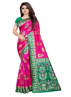 Pink woven kanchipuram silk saree with blouse 1