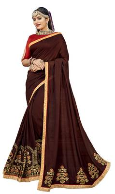 Brown Embroidered Silk Blend Saree With Blouse 1