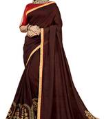 Brown Embroidered Silk Blend Saree With Blouse
