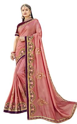 Pink Embroidered Silk Blend Saree With Blouse 1