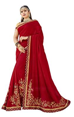 Red Embroidered Silk Blend Saree With Blouse 1