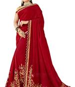 Red Embroidered Silk Blend Saree With Blouse