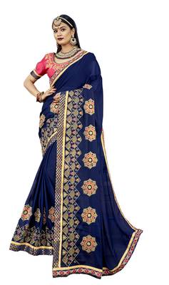 Blue Embroidered Silk Blend Saree With Blouse 1