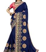 Blue Embroidered Silk Blend Saree With Blouse
