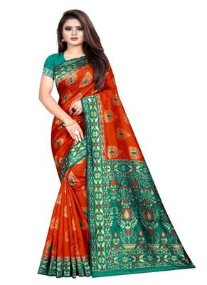 Orange woven kanchipuram silk saree with blouse 1