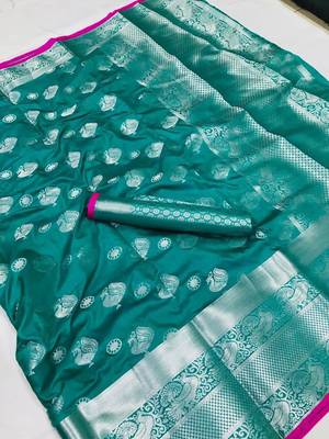 Women'S Designer Sea Green Banarasi Kanjivaram Saree With Designer Blouse 1