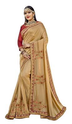 Beige Embroidered Silk Blend Saree With Blouse 1
