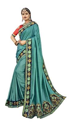 Blue Embroidered Silk Blend Saree With Blouse 1