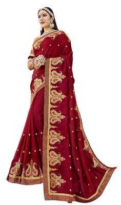 Red Embroidered Silk Blend Saree With Blouse 1