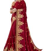 Red Embroidered Silk Blend Saree With Blouse