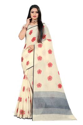 Beige Woven Linen Saree With Blouse 1
