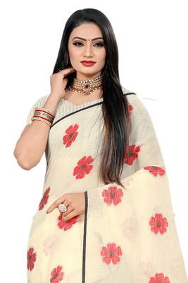 Beige Woven Linen Saree With Blouse 3
