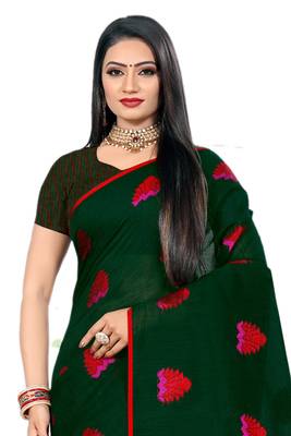 Green Woven Linen Saree With Blouse 3