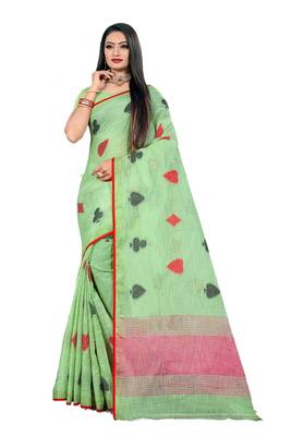 Green Woven Linen Saree With Blouse 1