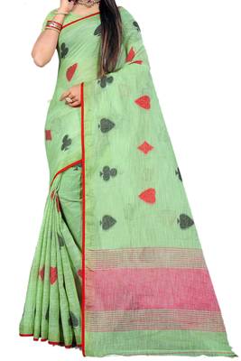 Green Woven Linen Saree With Blouse 2
