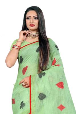 Green Woven Linen Saree With Blouse 3