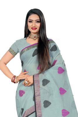 Grey Woven Linen Saree With Blouse 3