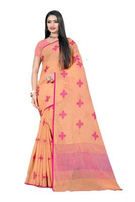 Peach Woven Linen Saree With Blouse 1