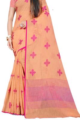 Peach Woven Linen Saree With Blouse 2