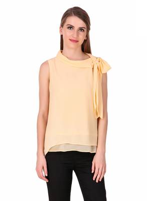 Beige plain georgette sleeveless-tops 1