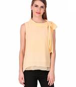 Beige plain georgette sleeveless-tops