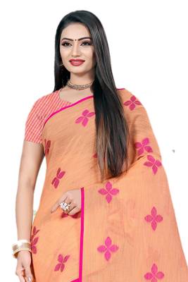 Peach Woven Linen Saree With Blouse 3
